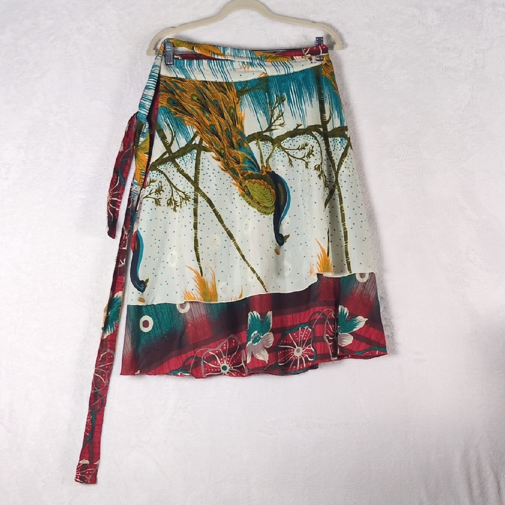 Neha Womens Peacock Abstract Knee Length Wrap Skirt Size M